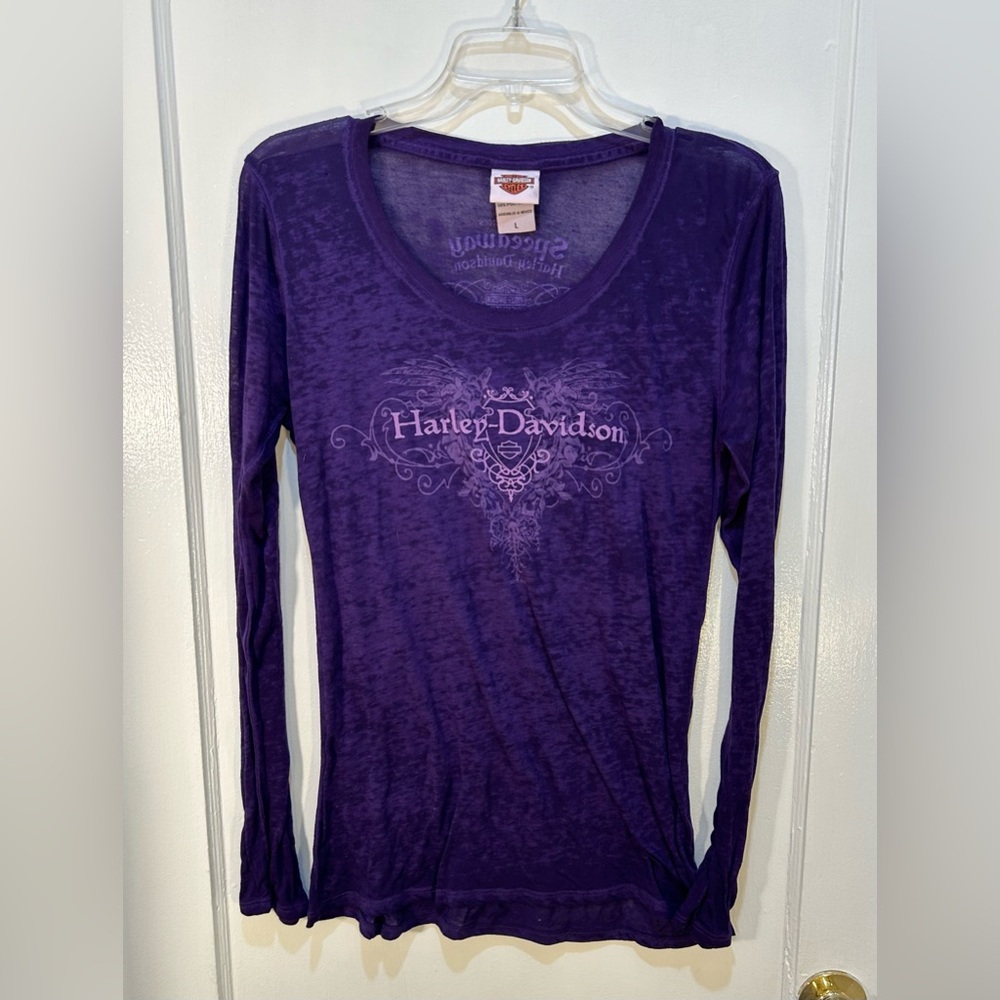 Harley-Davidson Women's L Purple Long Slv Tee Concord NC Pat Rogers Spdway Sheer